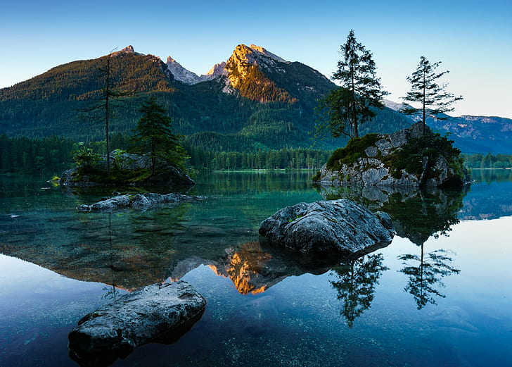 Bavarian Alps Germany, trees, landscape, hintersee, glowing Free HD Wallpaper