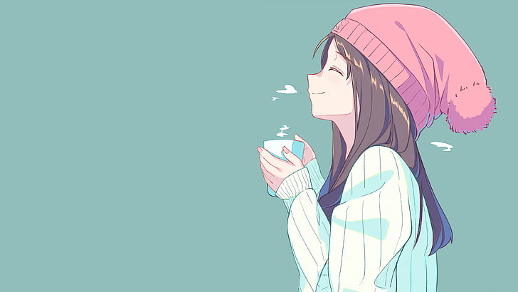 Cute Anime Aesthetic, cup, brunette, face, standing Free HD Wallpaper
