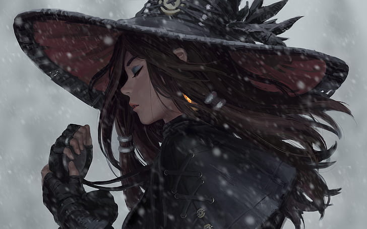 Dnd Female Wizard Art, bokeh, women with hats, winter, snowing Free HD Wallpaper