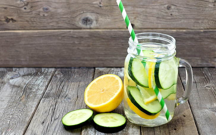 Drink Lemon Water, cucumber, food, mason jar, lemon Free HD Wallpaper