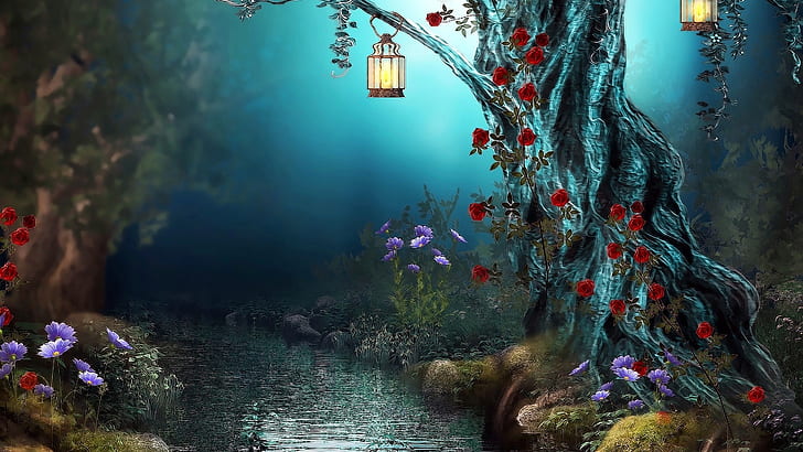 Fairy Tale Forest, dusk, enchanted forest, creek, forest Free HD Wallpaper