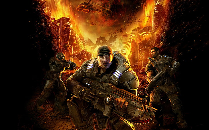 Gears of War 1 Gameplay, rescue worker, uniform, occupation, flame Free HD Wallpaper