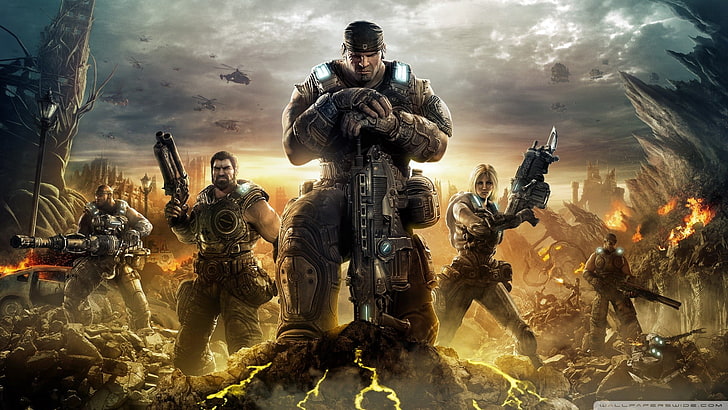 Gears of War 1, outdoors, security, machine gun, adult Free HD Wallpaper