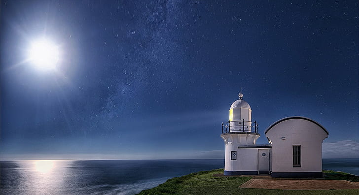 Lighthouse at Night, nature, space, landscape, blue Free HD Wallpaper