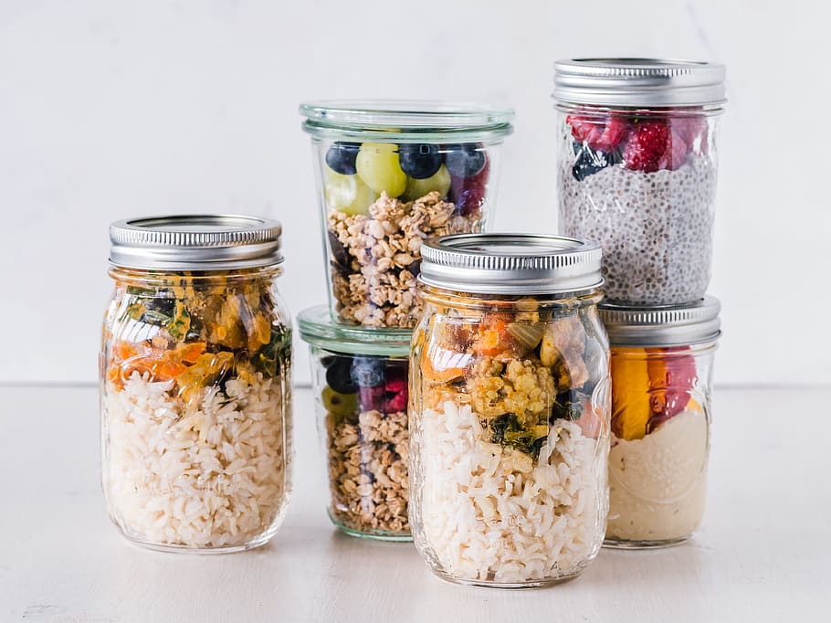 Mason Jar Fruit Salad, glass  material, grain, vegetable, multi colored