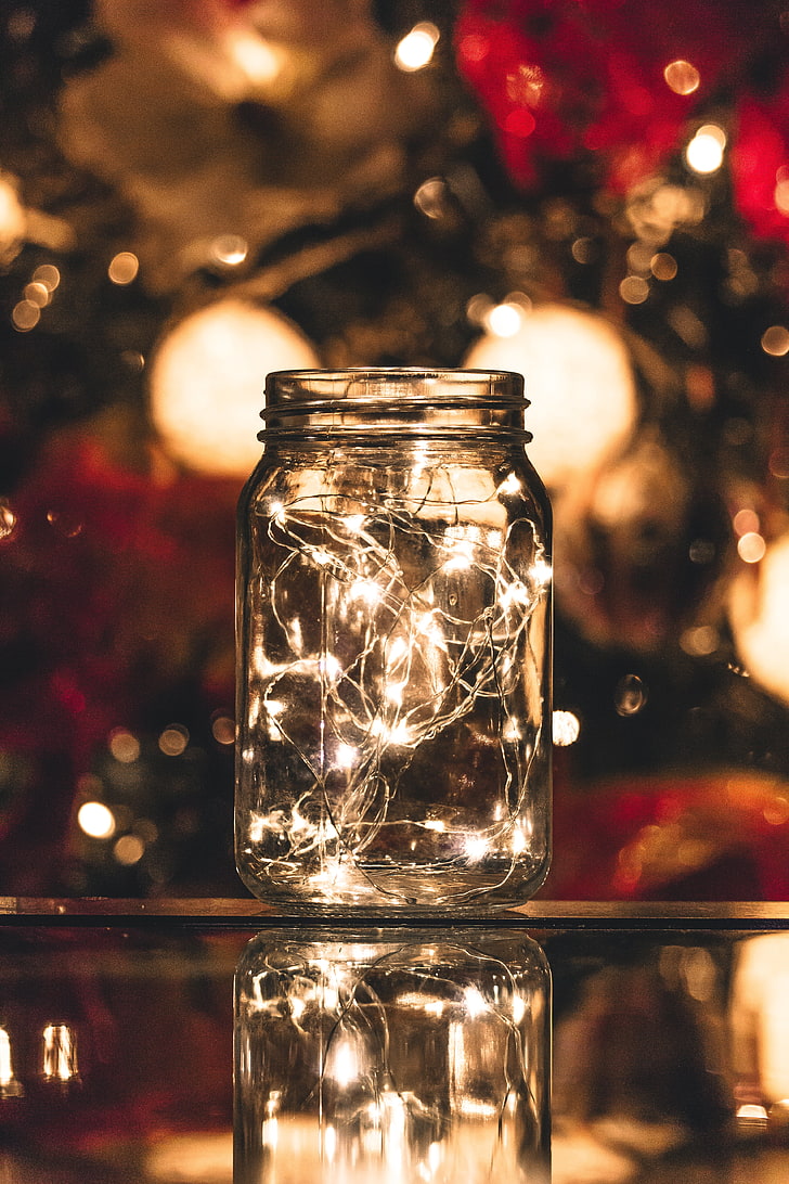 Mason Jar Lighting, christmas decoration, illuminated, christmas lights, reflection