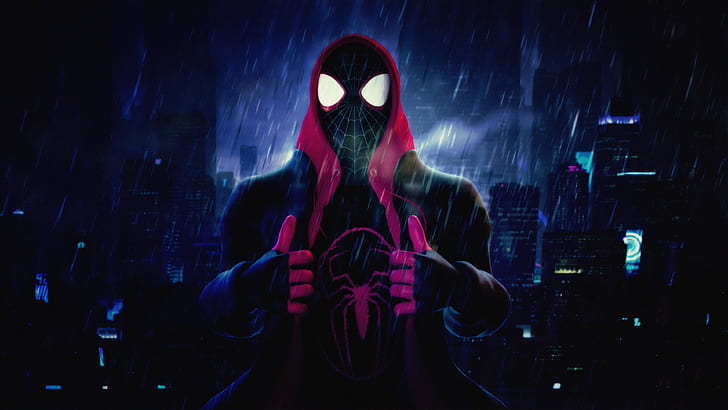 Miles Morales HD, marvel comics, city, city lights, mask