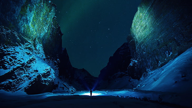 Night Mountain Scenery, cold, starry, man, starry night