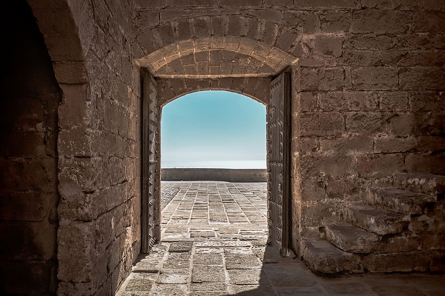 Oak Front Doors, medieval, bricks, stone wall, sky