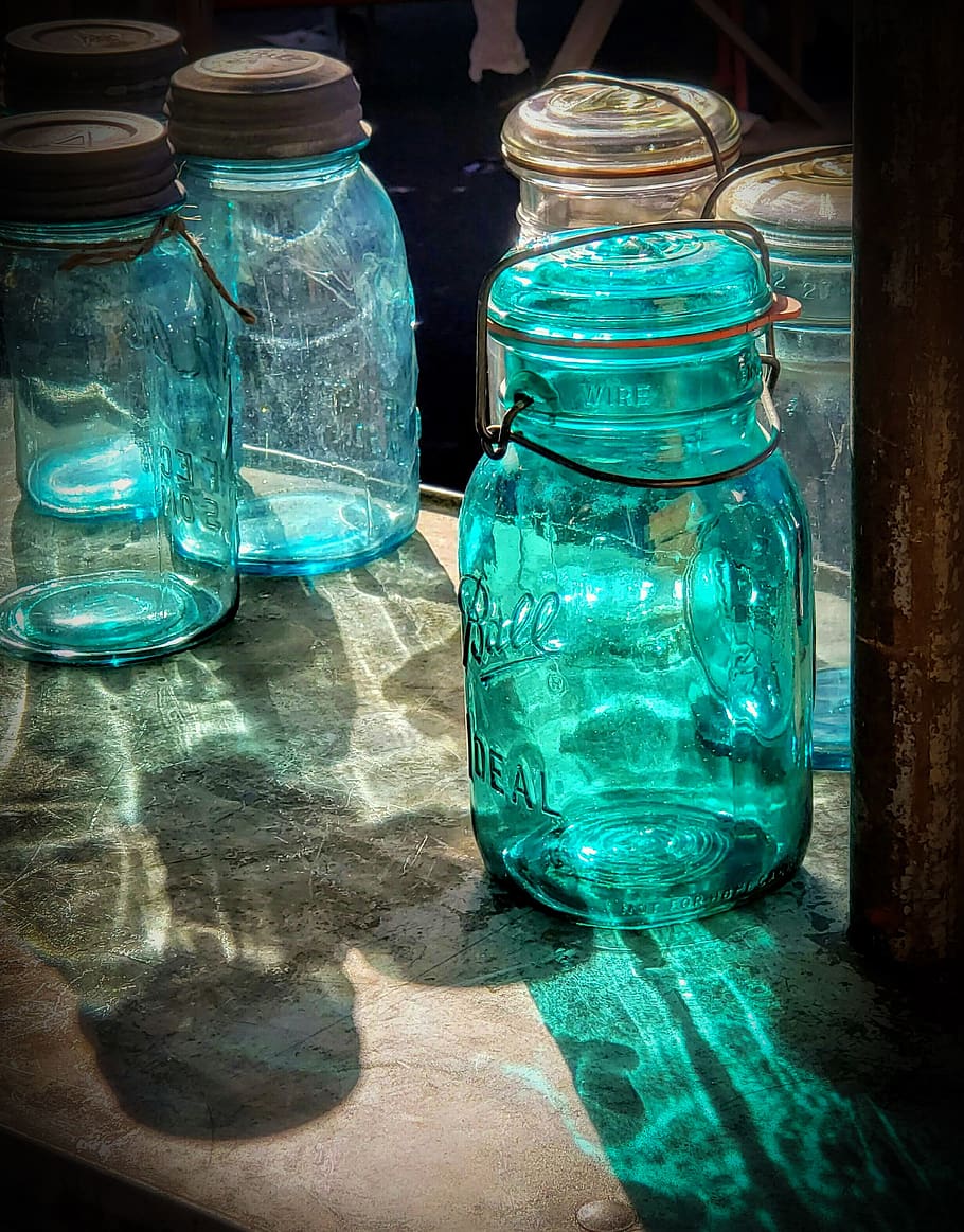 Old Mason Jars, jar, closeup, green color, table Free HD Wallpaper