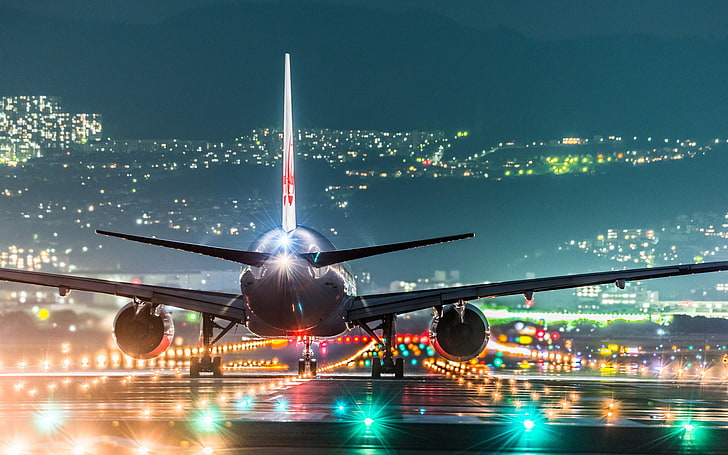 Plane in Sky at Night, rear view, runway, mode of transport, technology Free HD Wallpaper