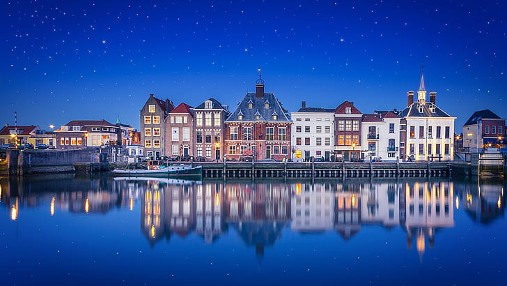 Starry Night, reflected, dusk, maassluis, reflection Free HD Wallpaper