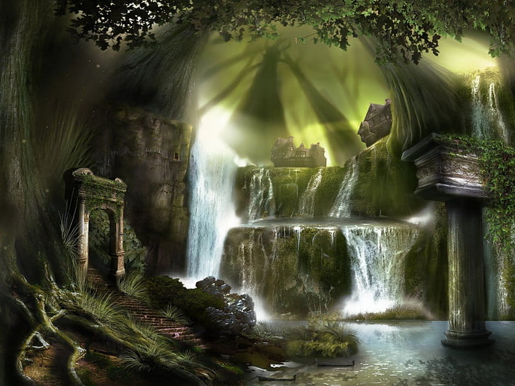 Ultra HD City, forest, forests, waterfalls, art