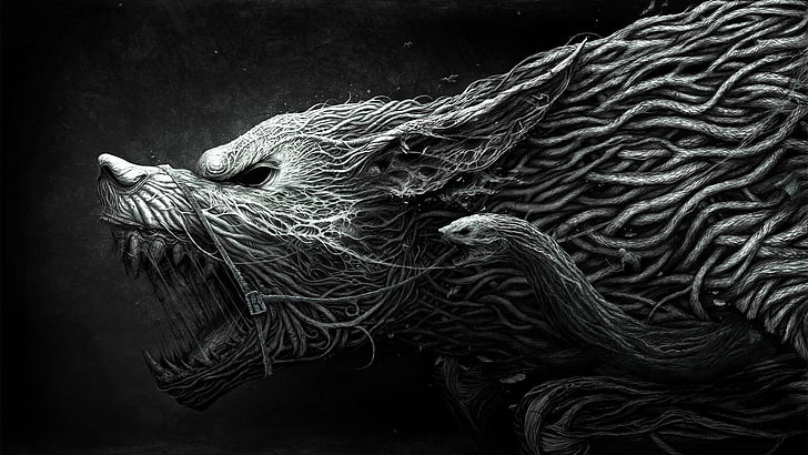 Abstract Wolf, fishing net, dark fantasy, monochrome, animal Free HD Wallpaper