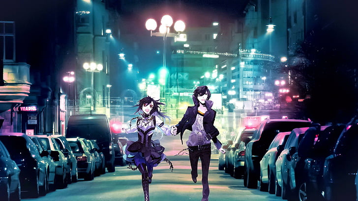 Artistic Anime Girl, romantic, night, city lights, street Free HD Wallpaper