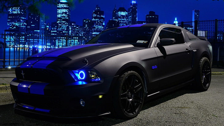 Black Mustang GT, modern, skyscraper, building, mode of transportation Free HD Wallpaper