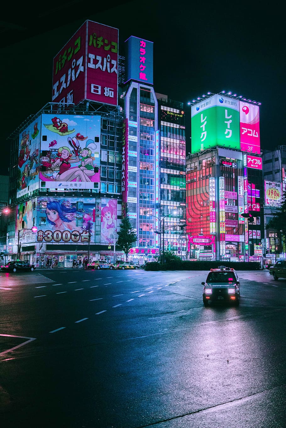 Detailed Anime Characters, neon light, billboard, street, office building