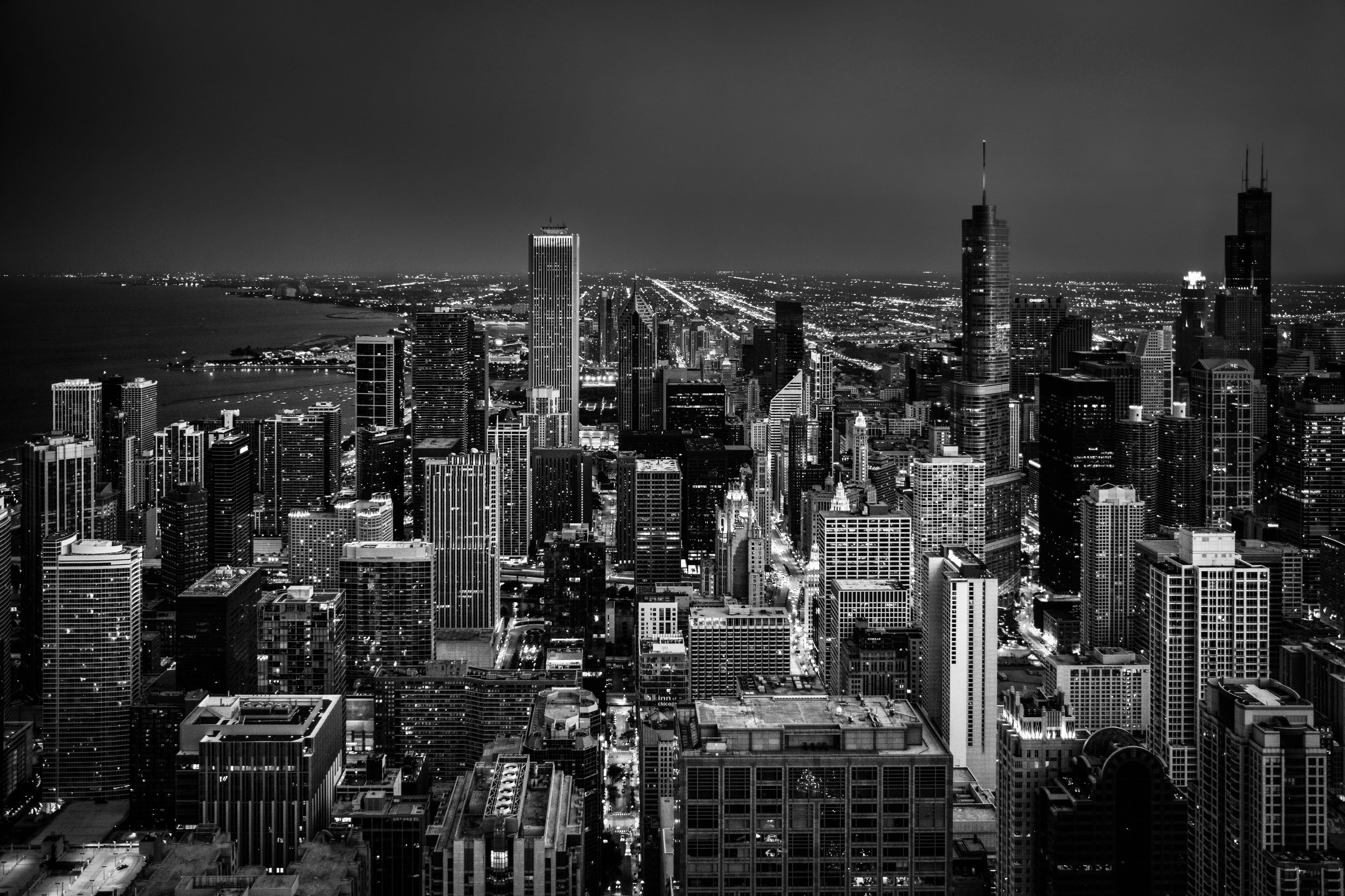 Detroit Skyline Black and White, city, new york city, built structure, view