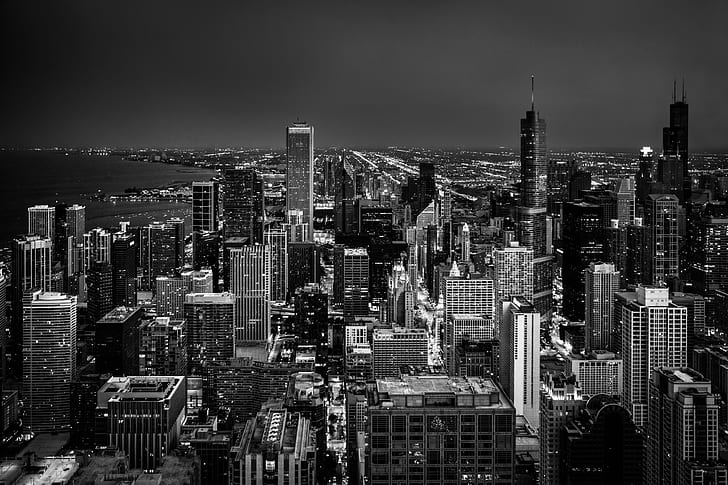 Detroit Skyline Black and White, city, new york city, built structure, view