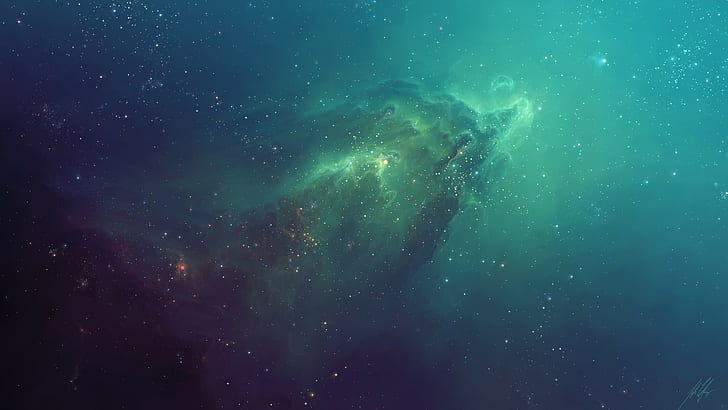 Emerald Green Ocean, space, green, stars, nebula Free HD Wallpaper