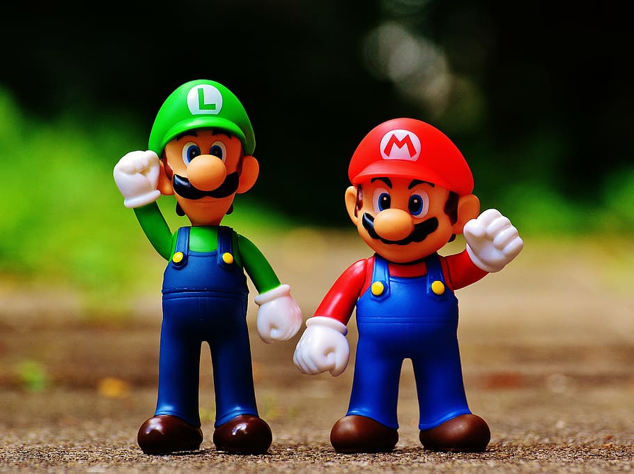 Mario Toys Action Figures, front view, game console, childhood, female likeness Free HD Wallpaper