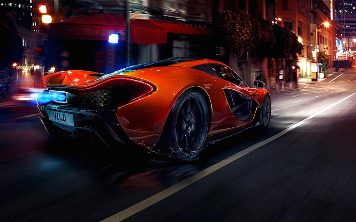 McLaren P1, night, land vehicle, red, city