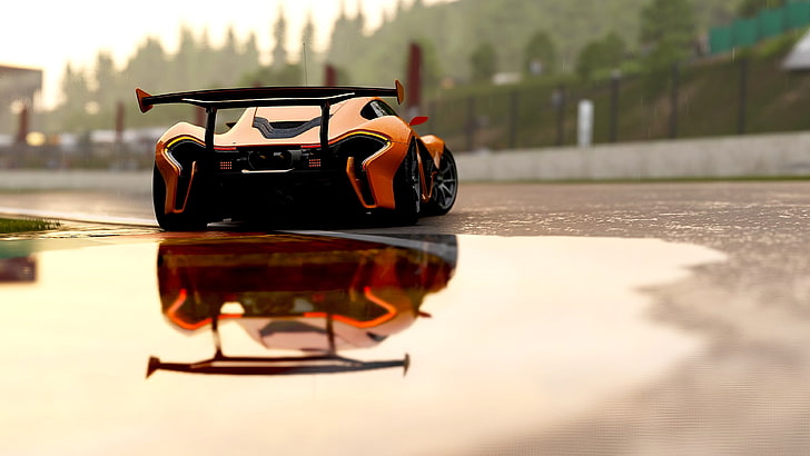 McLaren P1 Race Car, road, no people, focus on foreground, nature