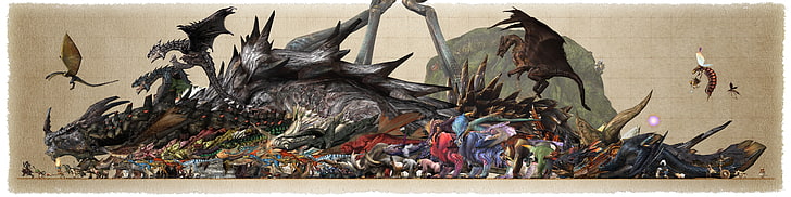 Monster Hunter Elder Dragons, city, statue, chaos, art and craft