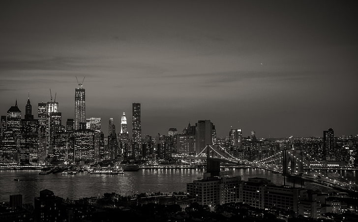 Old New York, manhattan, brooklyn, night, black and white Free HD Wallpaper