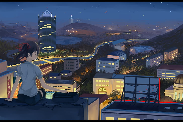 Roof Top Anime, original characters, looking at view, real people, sky Free HD Wallpaper