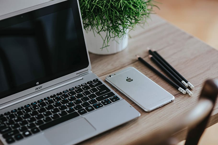 Simple Computer Desk, technology, computer keyboard, houseplant, apple iphone Free HD Wallpaper