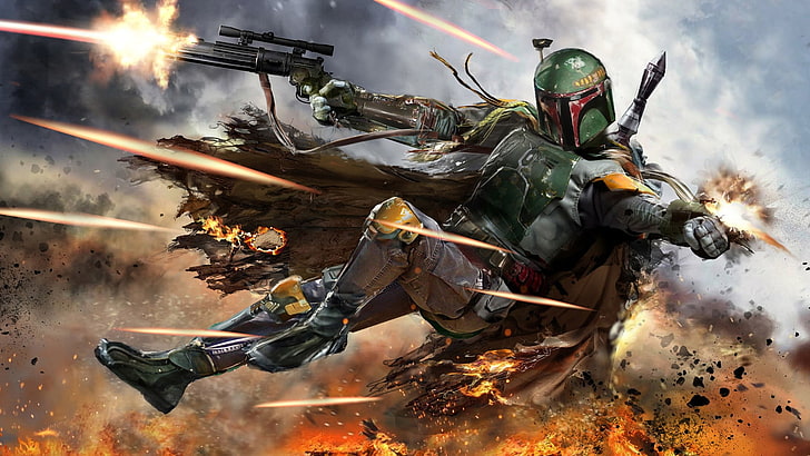 Slave I Ship, shooting a weapon, power, sport, fan art Free HD Wallpaper