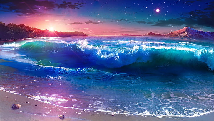 Sunset Anime Drawing, water, fantasy art, horizon, star