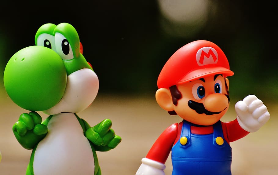 Yoshi in Mario, focus on foreground, toys, super mario, humor Free HD Wallpaper