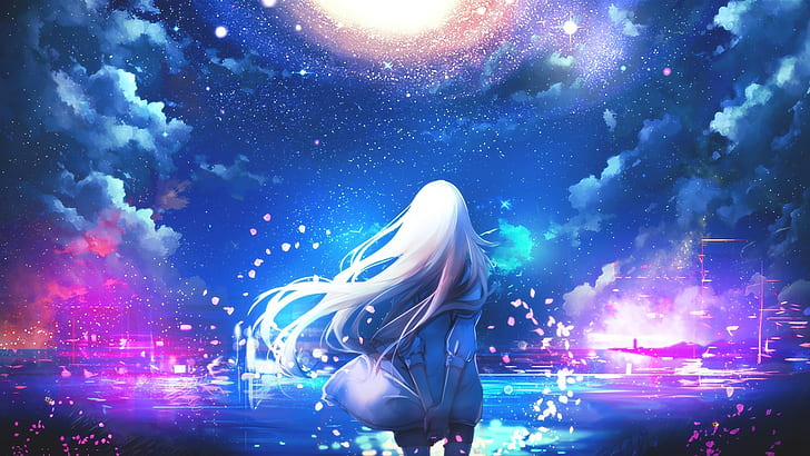 Anime Girl Night Sky Stars, night, sky, white, girls Free HD Wallpaper