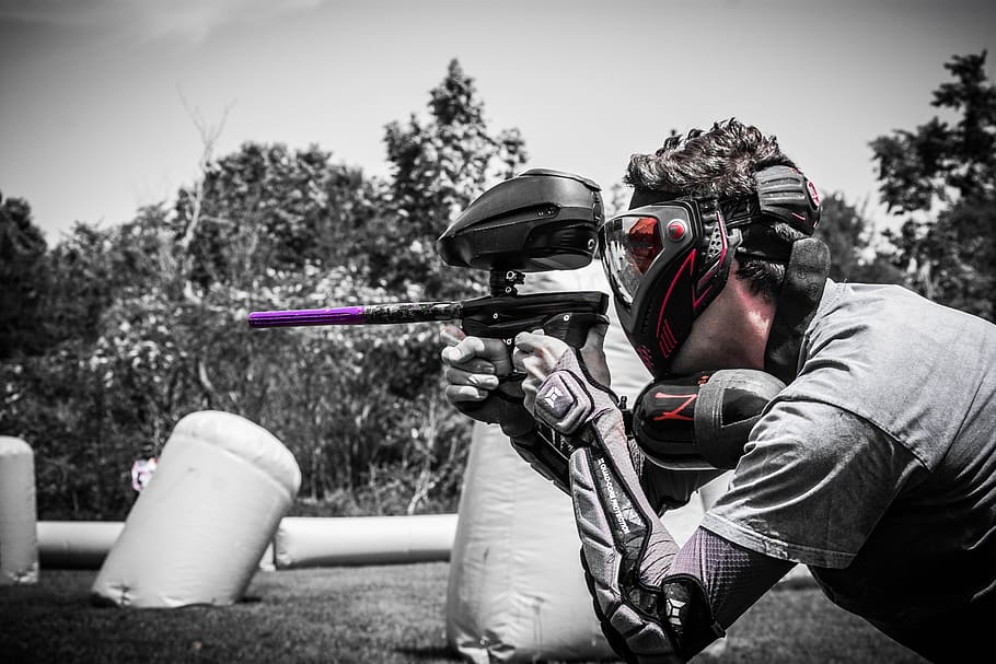 Automatic Paintball Gun, one person, side view, tree, adult Free HD Wallpaper