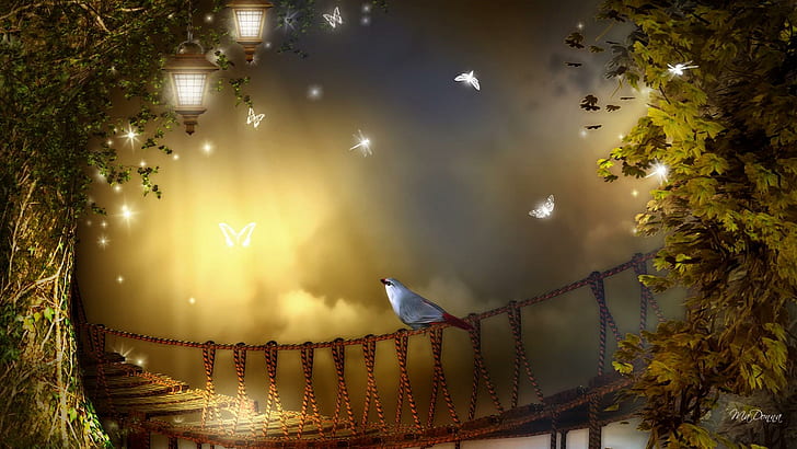 bird, dragonfly, trees, rope Free HD Wallpaper
