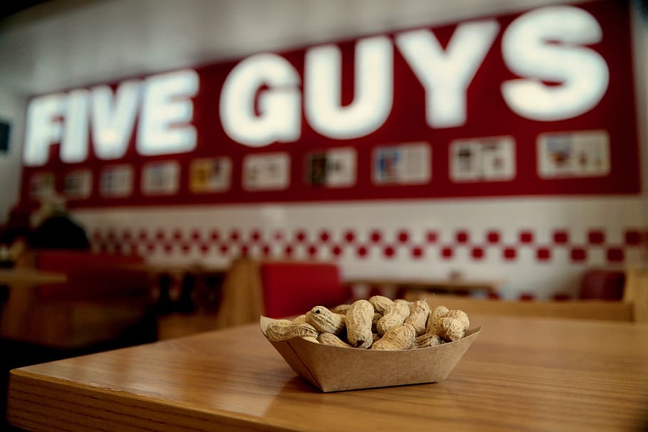 burger, five guys, closeup, wood  material Free HD Wallpaper