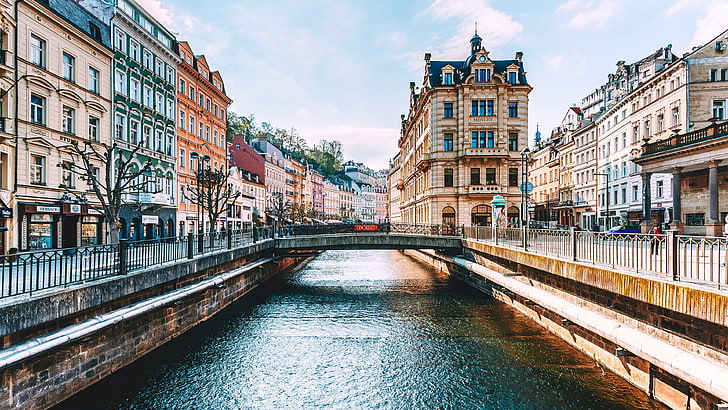 Karlovy Vary Praga, metropolis, building, watercourse, river Free HD Wallpaper