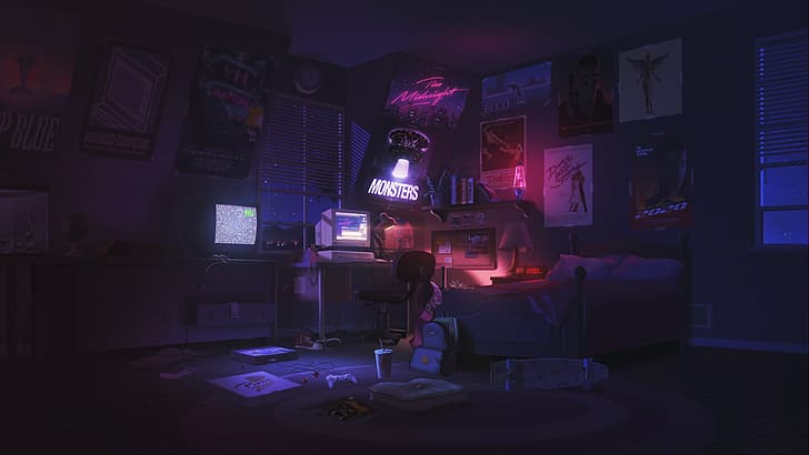 Midnight Moon, pizza, the midnight monsters, desk, desk lamp Free HD Wallpaper