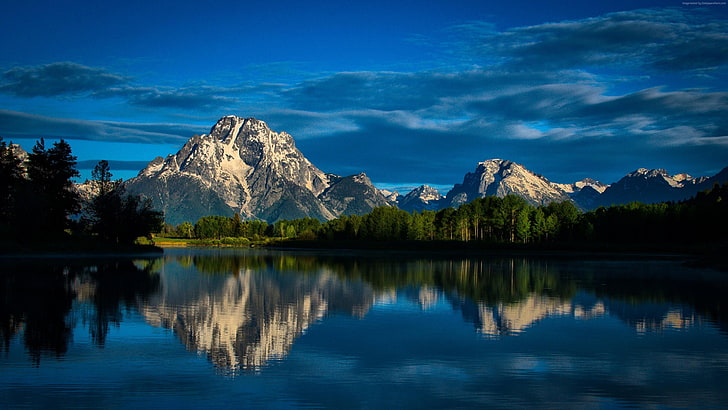 Mountain and Lake, reflection, trees, clouds, wyoming Free HD Wallpaper