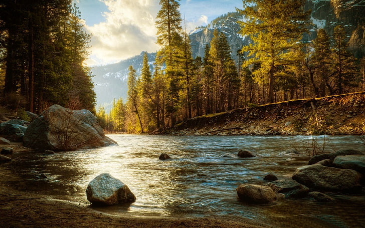 Mountain River, cloud  sky, blue, rock, landscape Free HD Wallpaper