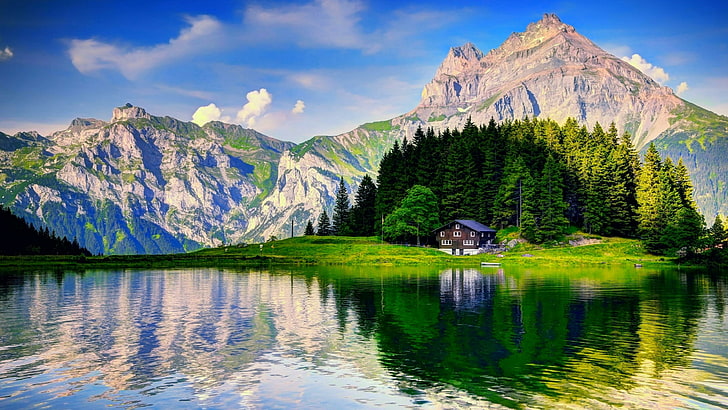 Mountain Village Swiss Alps, sky, nature reserve, bank, switzerland