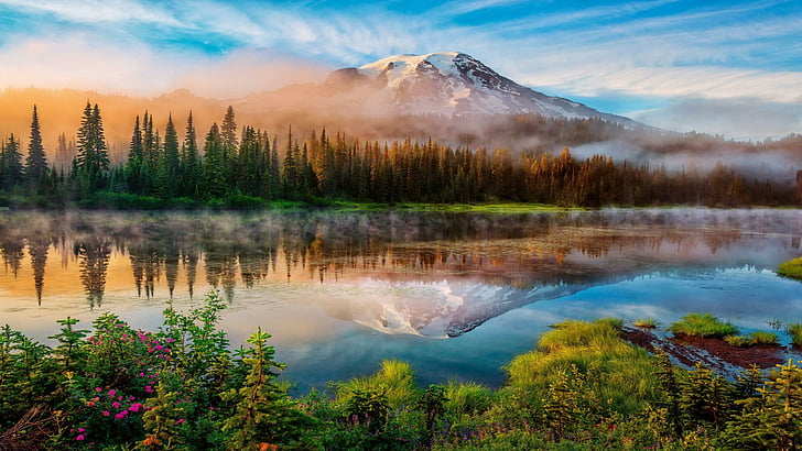 Mountains of Washington State, mount rainier, bank, bench lake, water Free HD Wallpaper