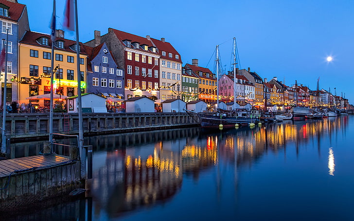 Nyhavn Map, mode of transportation, built structure, nyhavn, dusk Free HD Wallpaper