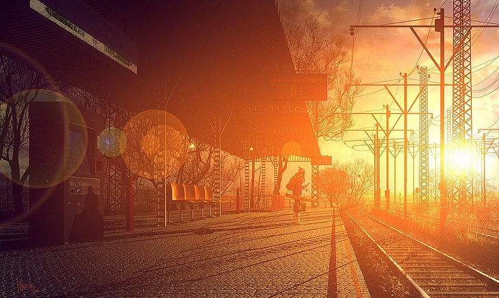 Orange Anime Ending, sunlight, bokeh, direction, railroad station platform Free HD Wallpaper