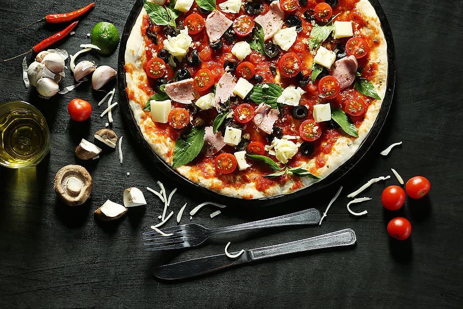 Pizza Art, cherry tomato, still life, italian food, indoors Free HD Wallpaper