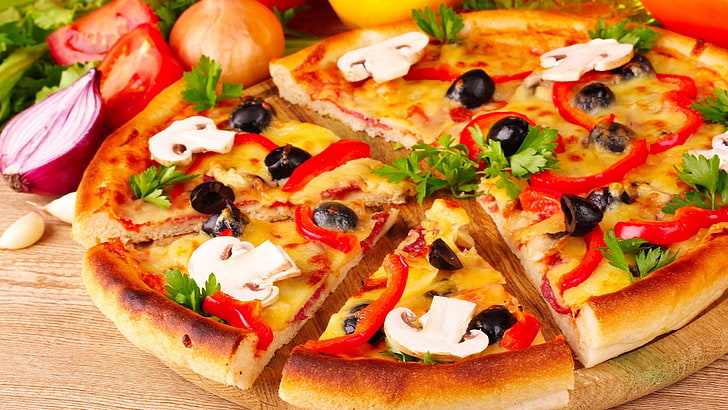 Pizza Funghi, no people, pepper, freshness, vegetarian food Free HD Wallpaper