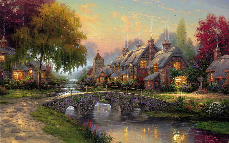 Thomas Kinkade Church Paintings, houses,, river, art, river, Free HD Wallpaper