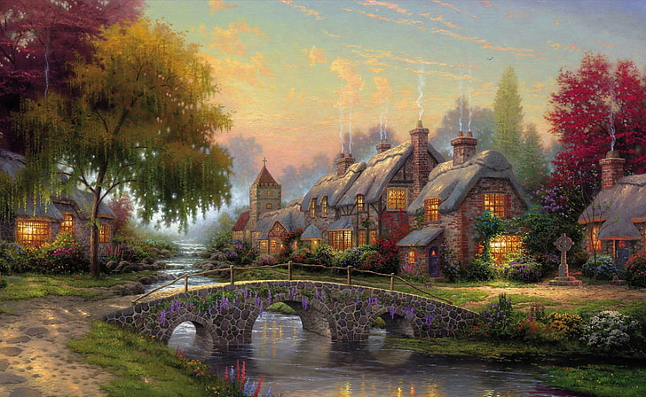 Thomas Kinkade Original Paintings, kinkade, transportation, no people, water Free HD Wallpaper